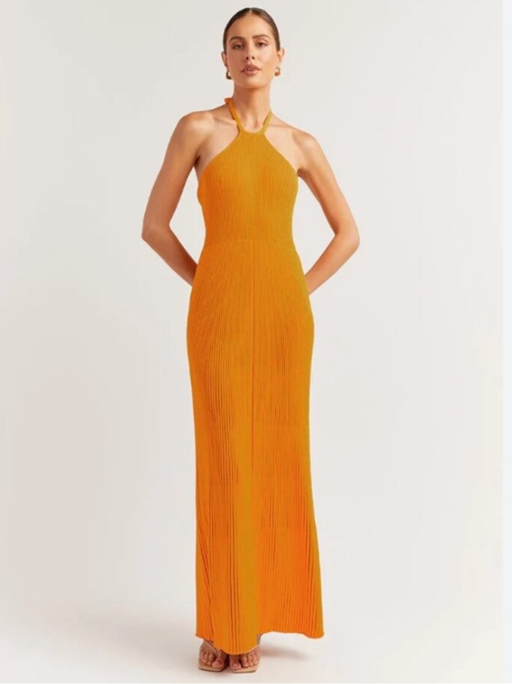 DISSH Ola Marigold Halter Knit Maxi Dress Ribbed Open Back XXL Orange Yellow